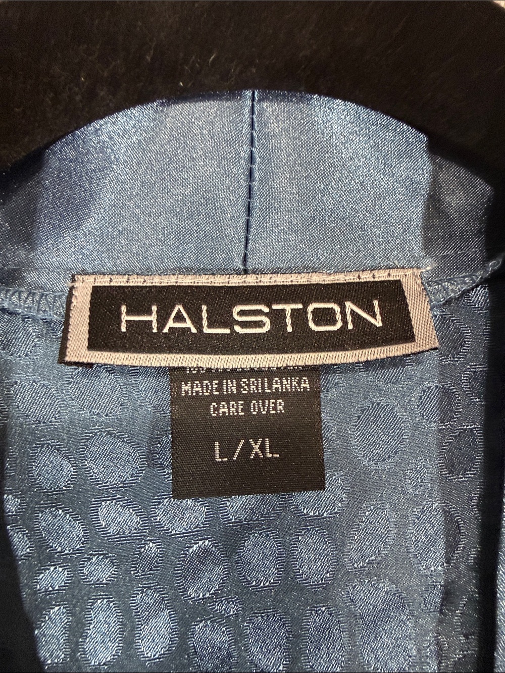 Halston Long Robe - Womens L XL - Blue Satin Patterned Sleepwear Chic Vintage - Picture 6 of 11